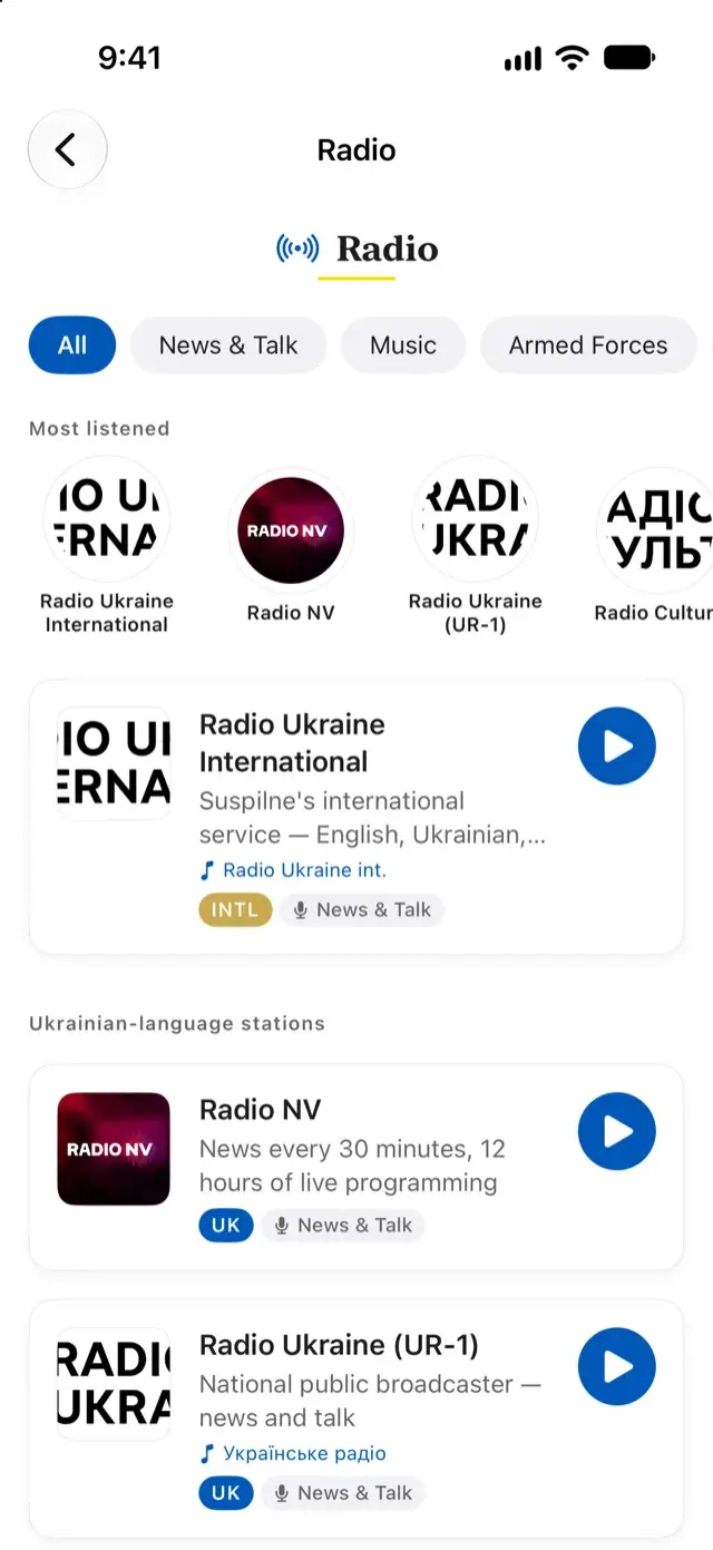 Baba's Radio screen: category filters, most-listened stations and play buttons for Ukrainian stations.
