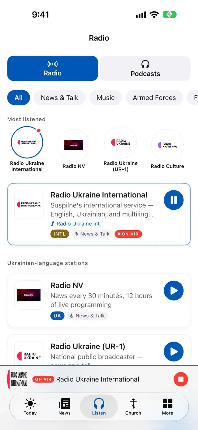 Baba 2.0 Listen tab on Radio: category filters, most-listened stations, Radio Ukraine International playing with an On Air badge, and the mini player above the tab bar.