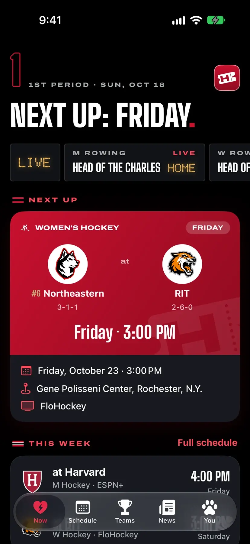HuskyHowl 2.0 Now tab: a Next Up: Friday header beside the Game Ticket app mark, a live strip for rowing at the Head of the Charles, and a red ticket-style card for women's hockey at RIT, Friday at 3:00 PM.