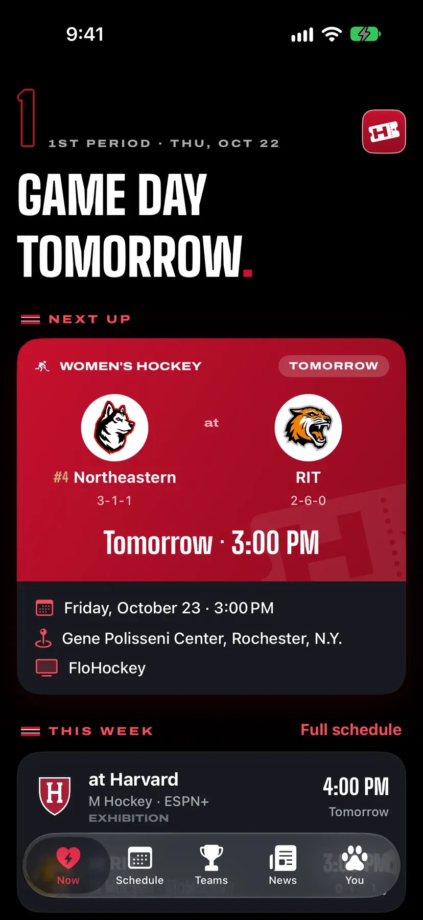 HuskyHowl 2.0 Now tab: a Game Day Tomorrow header beside the Game Ticket app mark, a red ticket-style Next Up card for women's hockey at RIT, tomorrow at 3:00 PM, and This Week below with men's hockey at Harvard.